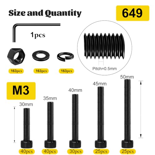 Image of 649PCS M3 Hex Socket Head Screws Assortment Kit, M3x30 /35 /40 /45 /50 mm | M3-0.5 Screws, Nuts and Washers Assorted Kit, 12.9 Alloy Steel Black Zinc Plated Anti-Rust 3mm Bolts Set for 3D Printer,DIY