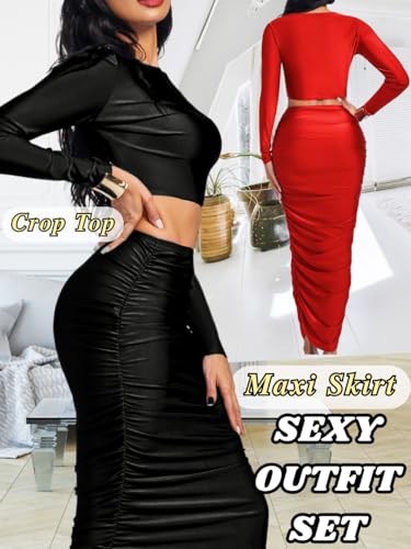 Kaei&Shi Two Piece Skirt Set for Women,Long Sleeve Top Maxi Skirts,Date Night Outfits Going Out Cocktail Party3