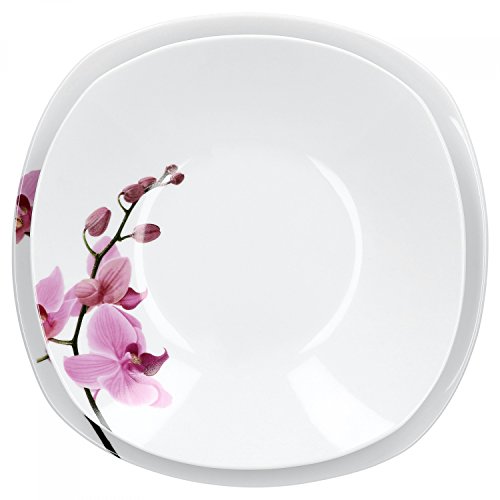 Birsppy Van Well Tafelservice Kyoto, 12tlg. für 6 Personen, 6 Speiseteller + 6 Tiefe Suppenteller, Porzellan-Geschirr, Blumen-Dekor Orchidee, rosa-rot, pink