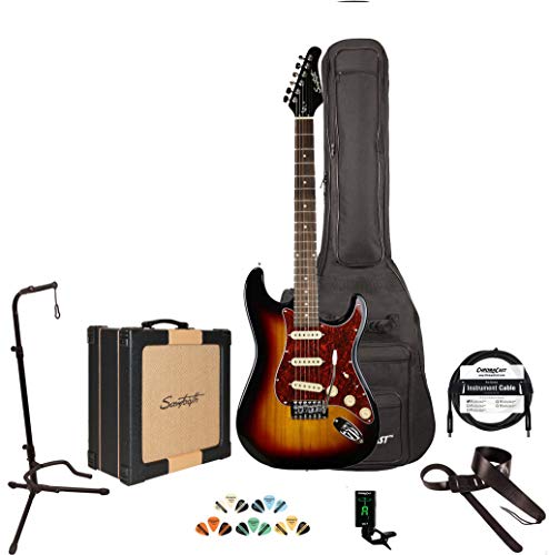 GoDpsMusic 6 String Sawtooth ES Series Electric Guitar Players Pack, With 25 watt Amp Case, Tuner Picks, Cable, Stand & Strap, Sunburst, Right (ST SBT-Play)