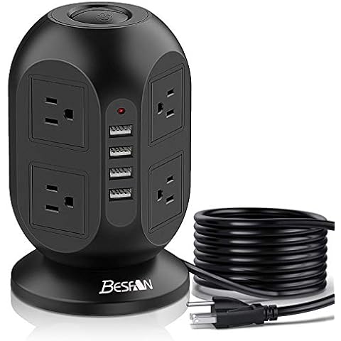 Tower Surge Protector Power Strip, BESFAN 10 Ft Extension Cord with Multiple Outlets, 1050J Surge Protector, 8 Outlets 4 USB Ports Charging Station for Home Office Supplies Desk Accessories Cover