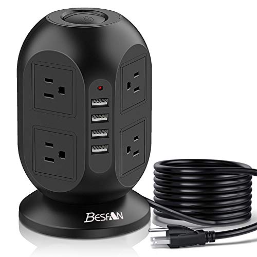 USB Power Strip Tower - BESFAN Surge Protector Extension Cord 10ft with 8 AC Outlets and 4 USB Ports, Surge Protector Power with 2 Switches, Charging Tower for Home and Office with Overload Protection