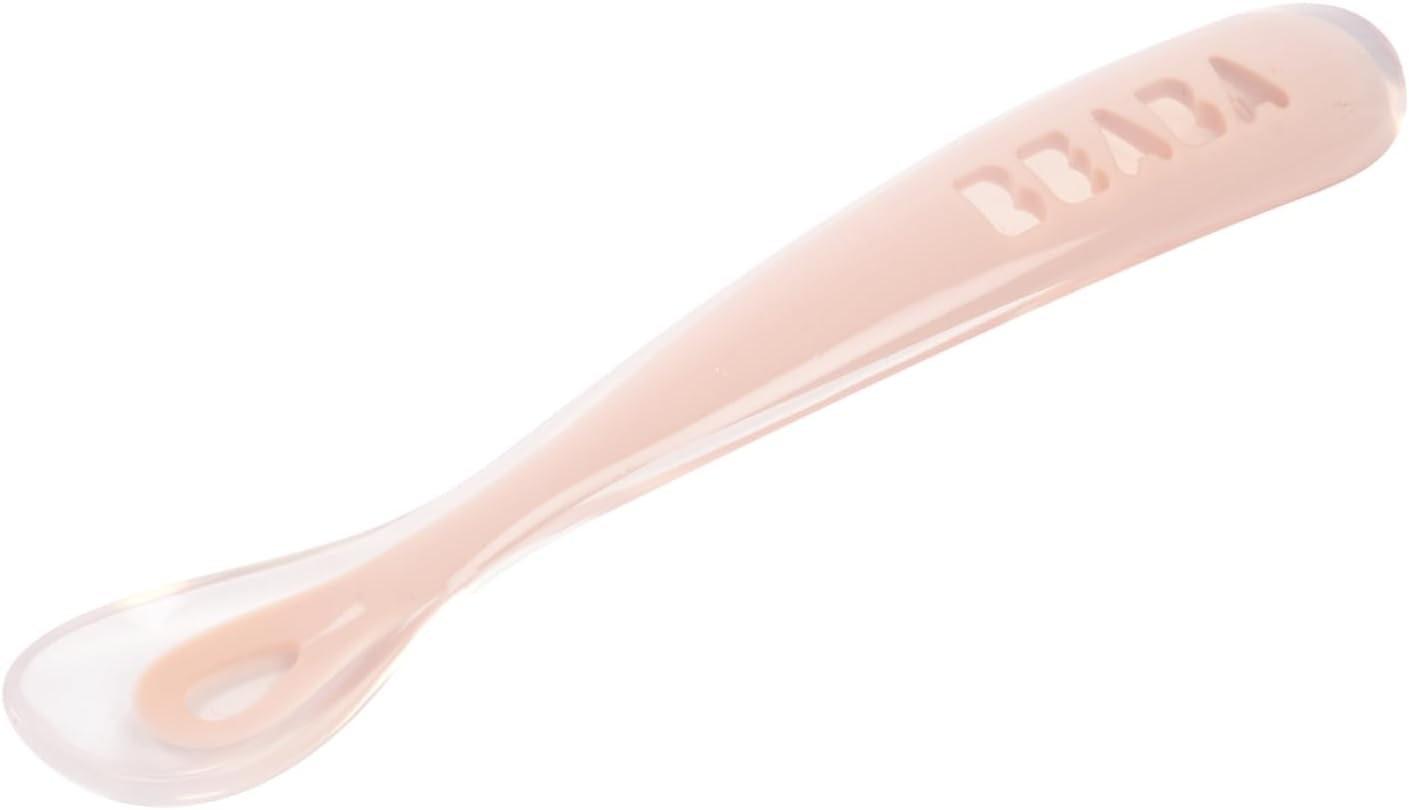 Beaba 1st Stage Silicone Spoon - Baby Led Weaning Self Feeding Training Spoon with Ultra Soft Tip, Gum Friendly, Ergonomic Handles, BPA Free, Vintage Pink, 4 Months +