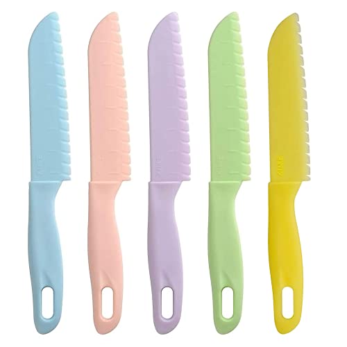 Lahviuu Kunststoff Kindermesser, 5 Pcs Bunt Kinder Küche Koch Messer, Kunststoffmesser Buntschneidemesser Küchenmesser Schneidemesser Messerset Kochset für Kinder ab 2 bis 6 Jahre (Farbe 2)