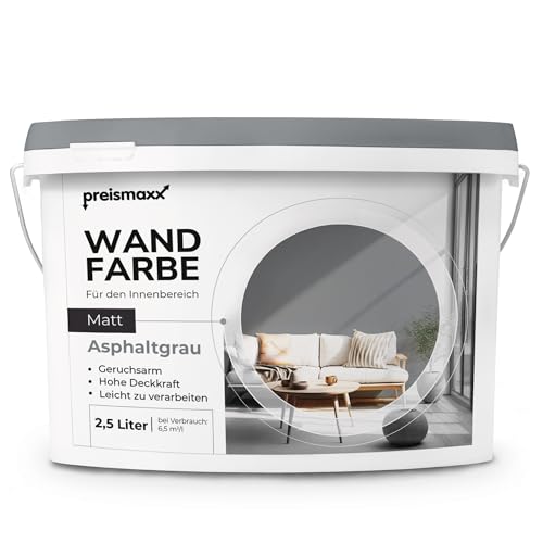 Preismaxx Profiweiß Wandfarbe grau 2,5L, hohe Deckkraft, Dispersionsfarbe innen, Innenwandfarbe Raumfarbe asphaltgrau deckend, Deckkraftklasse 2, matt Innenfarbe Profi Qualität