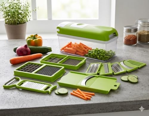 Image of Multipurpose Chopper, Fruits & Vegetable Cutters, Grater Peeler Chipser, Unbreakable Food Grade Body, Easy Push to Clean Button Slicer Dicer, Chopper for Kitchen (Light Green 11 in 1)
