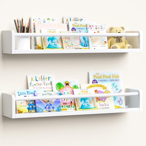 Image of upsimples 2 Pack Nursery Book Shelves, 23.6 Inch Floating Bookshelves for Wall, Baby Nursery Decor, Small Solid Wood Wall Mounted Shelves for Baby Kids Boys Girls, White