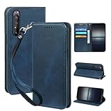 seninhi 対応 Xperia 1 II SO-51A SOG01 用の ケース 手帳型 ソニーエクスペリア 1 II スマホケース 携帯ケース 職人仕様 手縫い革ケース 手帳型ケース スタンド機能付き 財布型 360度保護 耐衝撃 カード収納 レザー 多機能 ベルトループ付き‌ おしゃれ 携帯カバー ブルー XNWX12PG