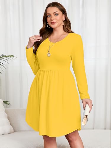 Image of AusLook Women's Plus Size Long Sleeve Midi Dress Casual Empire Waist Loose Flowy Dresses A-Line Boho Long Dress with Pockets