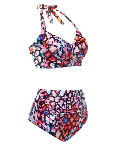 Image of Holipick Women High Waisted Bikini Set Two Piece Swimsuit Tummy Control Bathing Suit Vintage Halter Swimwear