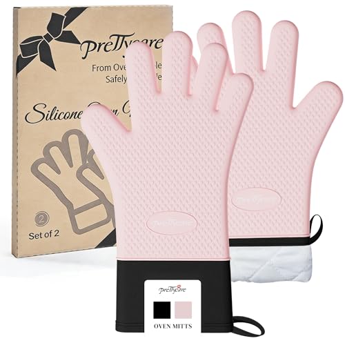 PrettyCare Silicone Oven Mitts, Waterproof & Non-Slip Oven Gloves with Fingers,Cotton Lined Silicone Oven Gloves Kitchen Mitts-Heat Resistant for Baking Cooking BBQ,Women（Pink