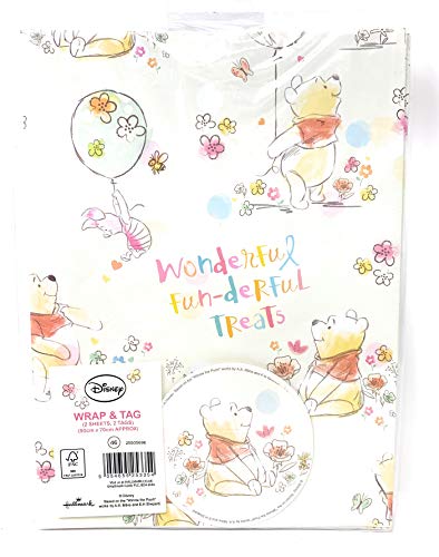 WINNIE THE POOH Disney Birthday General GIFTWRAP 2 Sheets 2 Tags