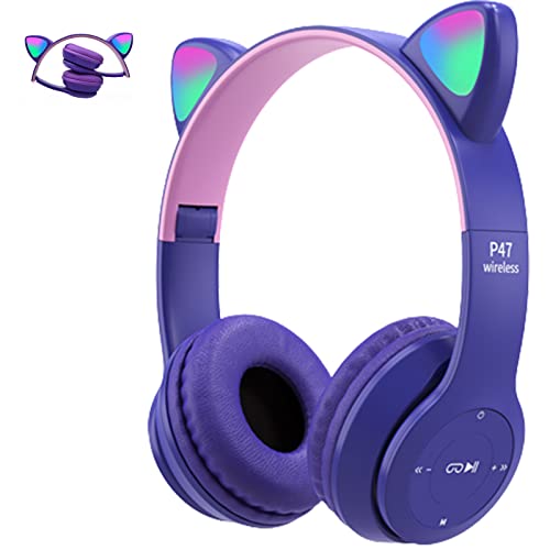 arVin Kids Headphones, with LED Glowing Cat Ears with Microphone, Pluggable, TF Card, Foldable Bluetooth Stereo Over-Ear Kids Headsets-Purple