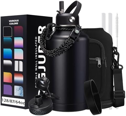 Insulated Water Bottle 64oz - w/Paracord Handle, Straw & Spout Li...
