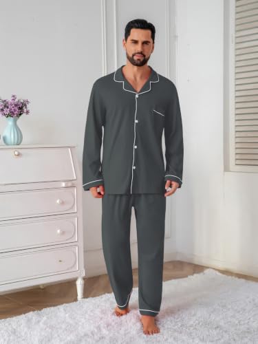 Image of QZH.DUAO Mens Pajama Set 100% Cotton Long Sleeve Button Down PJs