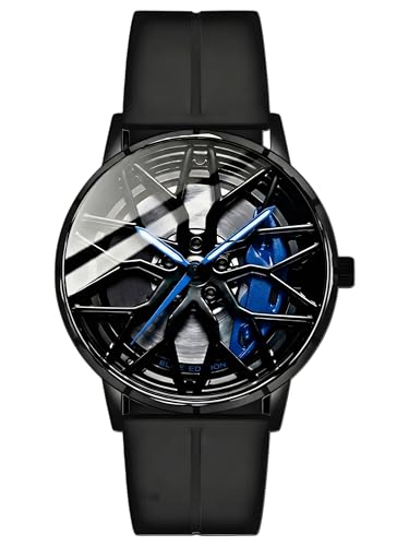 Image of Oculus Men's 3D Car Wheel Rotating Watch, Luxury Sport Quartz with Hollow Hub Dial, Magnetic Silicone Strap, Automotive-Inspired Design, Black Magnetic Straps