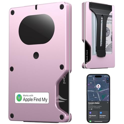 Slim Wallet for Men and Women Smart Metal Wallet Built-in Airtag Chip Minimalist Wallet Compatible with Apple Find My RFID Blocking Credit Card Holder with Money Clip (Pink)