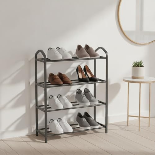 INDE CONFORTIME | Zapatero Organizador de Metal y Plástico Negro 4 Niveles, Estantería para Zapatos Compacta para Entrada o Dormitorio, Mueble Auxiliar de Almacenaje y Organización para Hogar