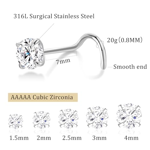 Nose Rings Studs - 5 Pairs 20G Gold/Silver Nose Screw Rings for Women Men 316L Surgical Stainless Steel Hypoallergenic Corkscrew Nose Studs 1.5mm 2mm 2.5mm 3mm 4mm Clear CZ Piercing Jewelry2