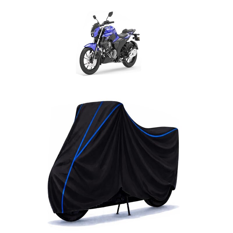 Image of FZS-FI BS6 Bike Cover Water Resistant Universal Motorcycle Rain | Heavy Duty UV Protection, Dust, Scratch Indoor Outdoor All Weather with Black Blue Piping Elastic