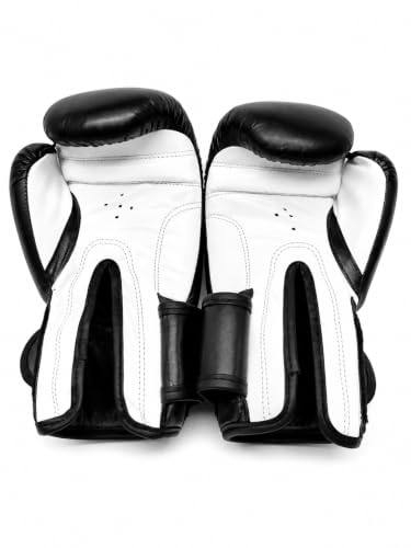 Image of ACE Genuine Leather Boxing Gloves | Adult Training Gloves for Sparring | Shock Absorbing Padding | Secure Wrist Strap | Punching Bag Workout | Black | 14 oz