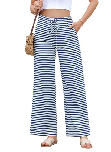 EVALESS Wide Leg Sweatpants Women Casual Loose Fit Fashion 2024 Trendy Summer Fall Ribbed Sweat Pants with Pockets Blue and White Pinstripe Medium