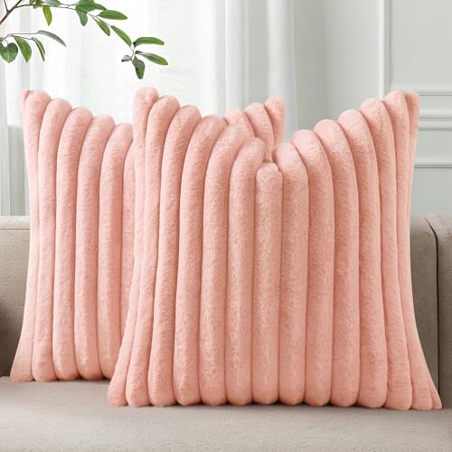 Pallene Faux Fur Plush Throw Pillow Covers 16x16 Set of 2, Luxury Soft Fluffy Striped Decorative Pillow Covers for Sofa, Couch, Living Room, Pink