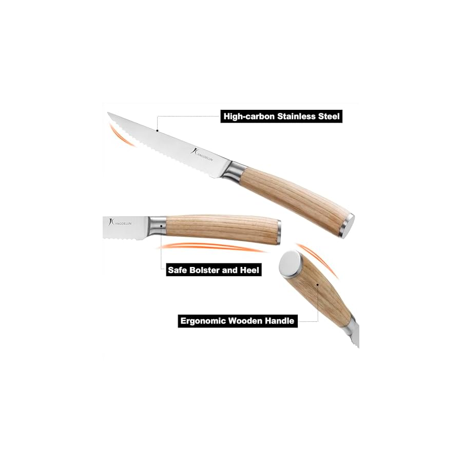 Natura Series 4.5” Serrated Steak Knife Set of 8, High Carbon Stainless Steel, Wooden Handle