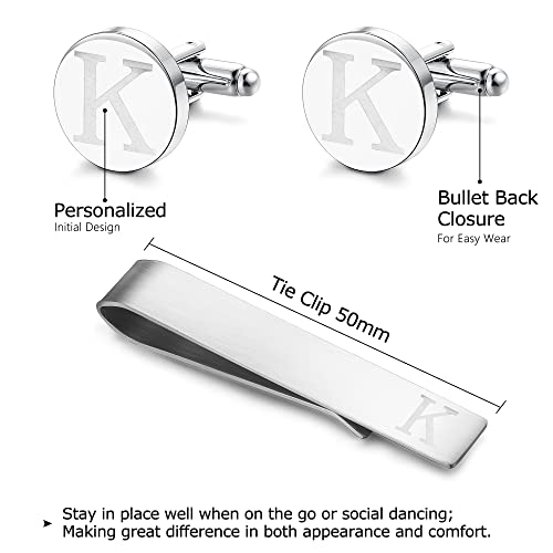 Image of LOYALLOOK Initial Cufflinks and Tie Clip Set for Men Silver Personalized Cuff links and Tie Bar Letter Alphabet A-Z Gift for Father Husband Valentine Gifts for Men