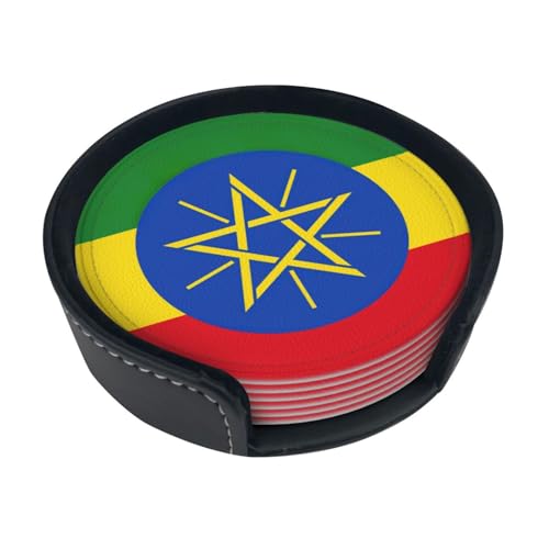 Ensemble de sous-verres en cuir imprimé drapeau de l'Éthiopie, dessous de verre avec boîte de rangement élégante, essentiels pour le salon