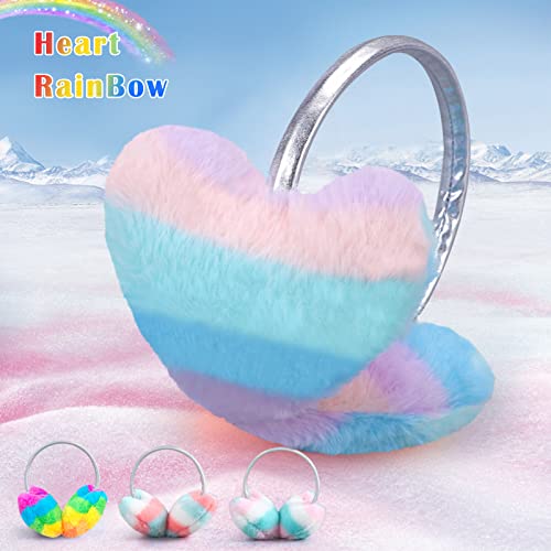 Actlati Womens Girls Fluffy Earmuffs Rainbow Heart Adjustable Winter Outdoor Ear Warmers Cute Faux Fur Earmuff For Kids Adult #TOP7