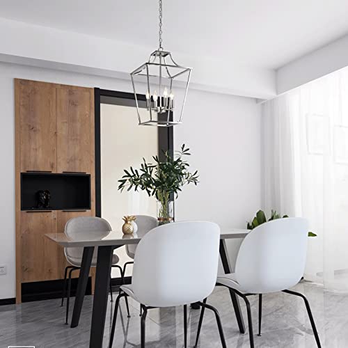 foucasal 4-Light Lantern Pendant Light, Brushed Nickel Hanging Light Fixtures Chandelier with E12 Bulb Base, 12" Adjustable Farmhouse Chandelier Lighting Fixture for Dining Room Kitchen Foyer - Image 3