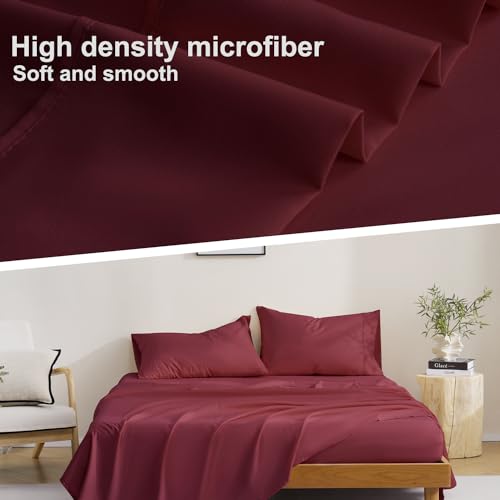 4 Piece King Size Sheets Set, Breathable & Cooling King Sheets Set-Burgundy - image 3