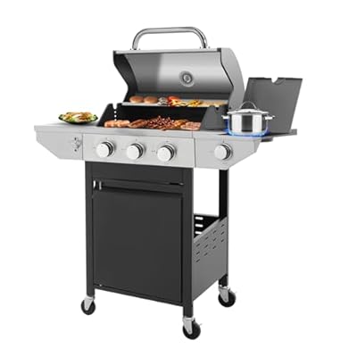 Lyromix Large Propane Gas Grill with 3-Burners and Side Burner, Outdoor BBQ Grill Griddle with Porcelain-Enameled Cast Iron Grates, Stainless Steel Camping Barbecue Griddle for Patio, Party, 37000 BTU