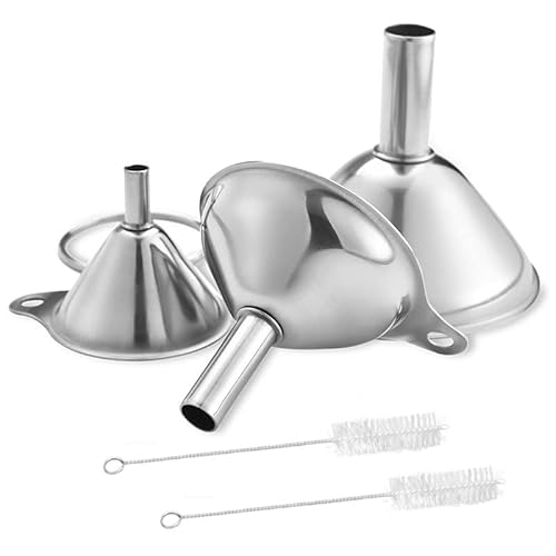 Set di 3 imbuti in acciaio inox, mini imbuto in metallo con 2 spazzole per la pulizia, imbuto per olio, liquido, spezie, secco, ingredienti, polvere (4,5/5,5/7,5 cm)