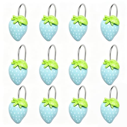 Image of Blue Strawberry Shower Curtain Hooks 12 Pack Resin Decorative Shower Curtain Hooks Cute Fruit Bathroom Curtain Hangers for Standard Shower Rod