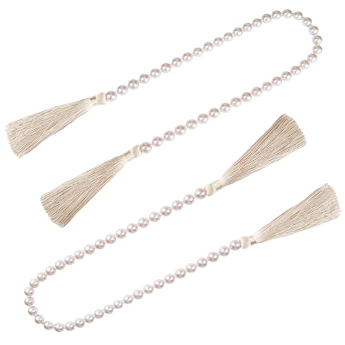 Fenghuangwu 34 Inch Glass Bead Garland with Tassels - Elegant Boho Table Decor, Fringe Wall Hanging for Wedding, Party, Farmhouse Rustic Prayer Bead Home Decoration(2 Pack,Off White)