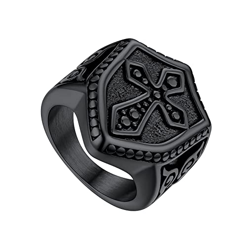 Bague Templière Homme U7 : Chevalière Bouclier en Acier Massif et Croix Noire