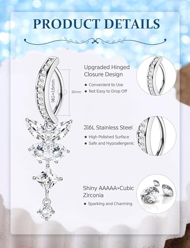 JOERICA 6 Pcs 14G Clicker Belly Button Ring for Women 316L Surgical Steel Butterfly Snake Evil Eye Heart CZ Opal Dangle Belly Button Rings Simple Reverse Navel Rings Body Belly Piercing Jewelry4