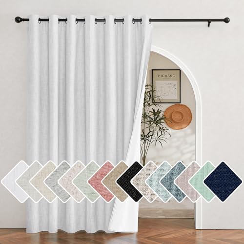 NICETOWN White 100% Blackout Linen Insulated Patio Curtain 84 inch Long Burg, Farmhouse Thick Completely Blackout Window Treatment Thermal Drape for L