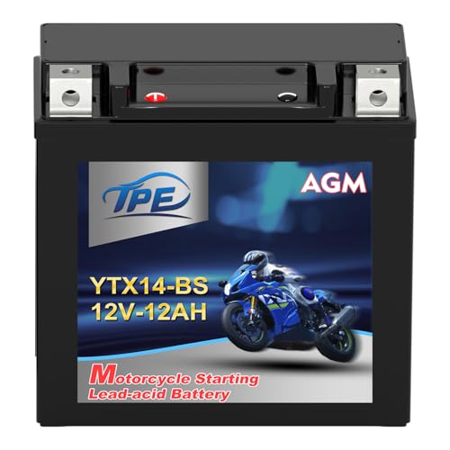 TPE YTX14-BS High Performance Rechargeable Sealed AGM and Maintenance-Free Replacement Motorcycle Battery for Scooter, Kawasaki, Honda, Yamaha, ATV 12V 12Ah