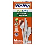 Hefty ECOSAVE Compostable Assorted Cutlery Set, Utensils for BBQs, Tailgates, Camping, Parties, and More, Includes 8 Forks, 8 Spoons, and 8 Knives, Compostable, Sustainable Design, 24 Count