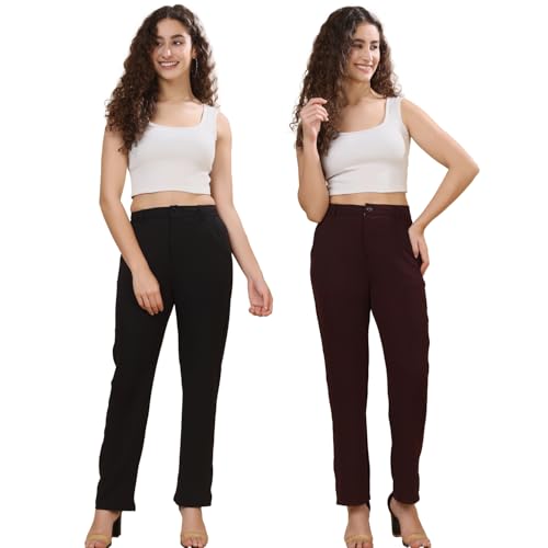 Image of Pack of 2 Women's Regular Fit Solid Cotton Blend Trousers - Soft, Breathable & Stretchable Bottom Wear for Office, Casual Outings & Daily Comfort