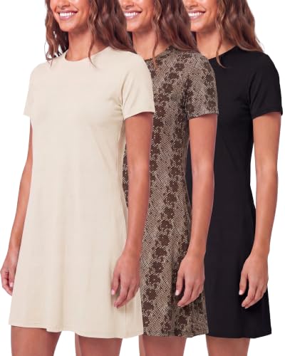 Image of Real Essentials 3 Pack: Women's Short Sleeve T Shirt Dress Swing Loose Casual Lounge Everyday Outfit (Available in Plus)