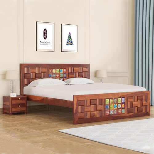 Image of Sheesham Wood Queen Size Bed Without Storage | Wooden Bed Queen Size Double Cot Palang Bed for Bedroom | Niwar Tile Design Headboard Bed for Living Room | Honey Finish