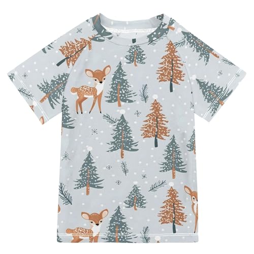 ALAZA Kids Rash Guard Boys Toddler Swim Shirts Short Sleeve Deer Winter Forest UPF 50+ 3T