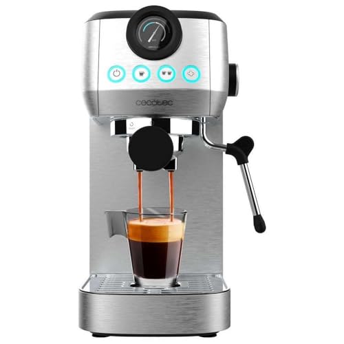 Cecotec Macchina da Caffè Espresso Power Espresso 20 Steel Pro. 1350 W, 20 Bar, Sistema Thermoblock, Vaporizzatore Orientabile, Braccio Portafiltri con Doppia Uscita e 2 Filtri, 1,3L, Scalda Tazze