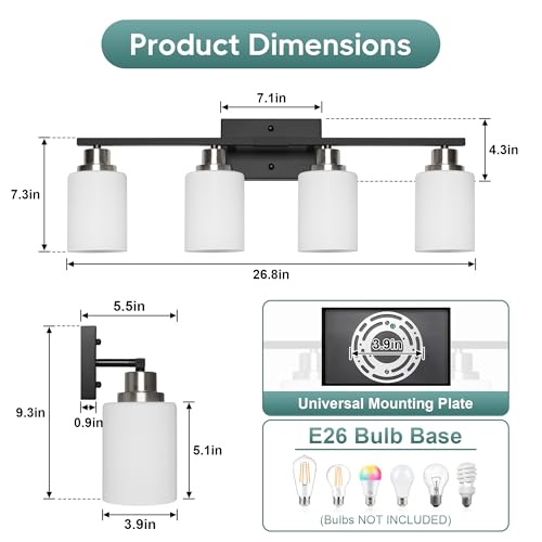 Image of Ascher Bathroom Light Fixtures, 4-Light Vanity Light Over Mirror, Black and Nickel Wall Sconces with Milky White Frosted Glass Shades, Wall Lamp for Living Room Bedroom, E26 Base(Bulbs Not Included)