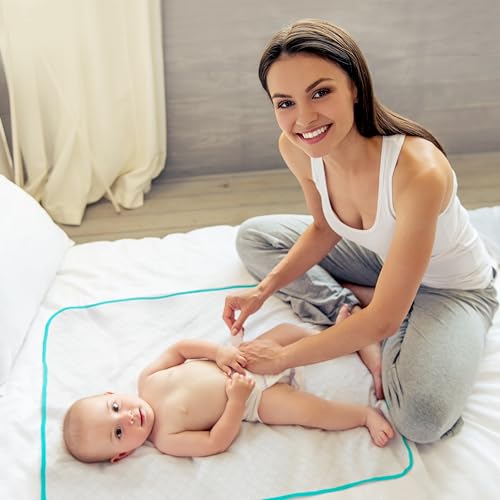 Baby Diaper Changing Mat - 31,5 x 25,5 inch Waterproof Portable Travel Changing Pad - Wipable Liners for Newborn Todlers Kids - Foldable Large Baby Nappy Changer Mat (White w/Turquoise Changing mat) - Thumbnail 2