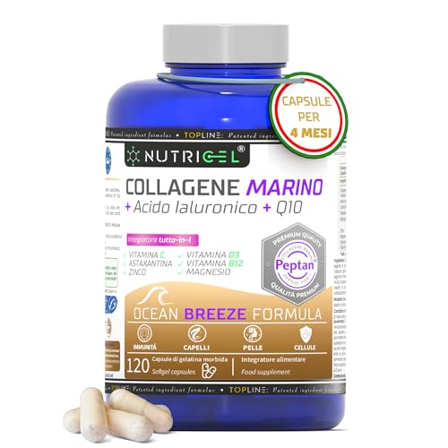 Collagene marino Peptan® con acido ialuronico + Astaxantina + Coenzima Q10 + Vitamine C, D3, B12, Magnesio – 120 Capsule, Collagene Marino Idrolizzato, Collagene Integratore Pelle, Ossa e Articolazion
